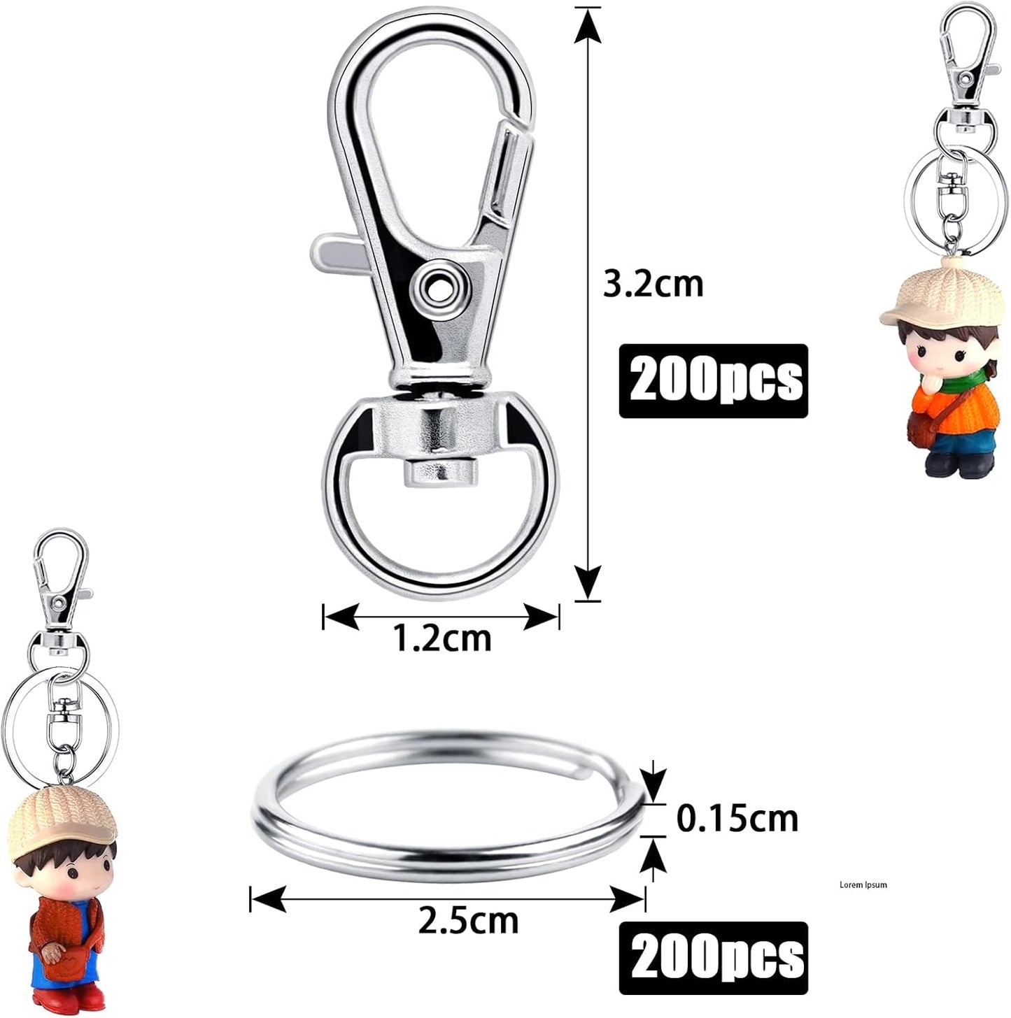 Schlüsselring Klein 400 Stück Karabiner Schlüsselanhänger Basteln Selber Machen Ringe Karabinerhaken mit Drehgelenk(Silber)