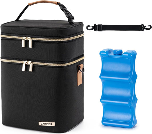 Muttermilch-Kühltasche mit Eisbeutel für 6 Babyflaschen bis zu 9 Unzen, auslaufsichere Doppelstock-Babyflaschen-Tasche mit Schulterriemen für stillende und arbeitende Mütter, schwarz