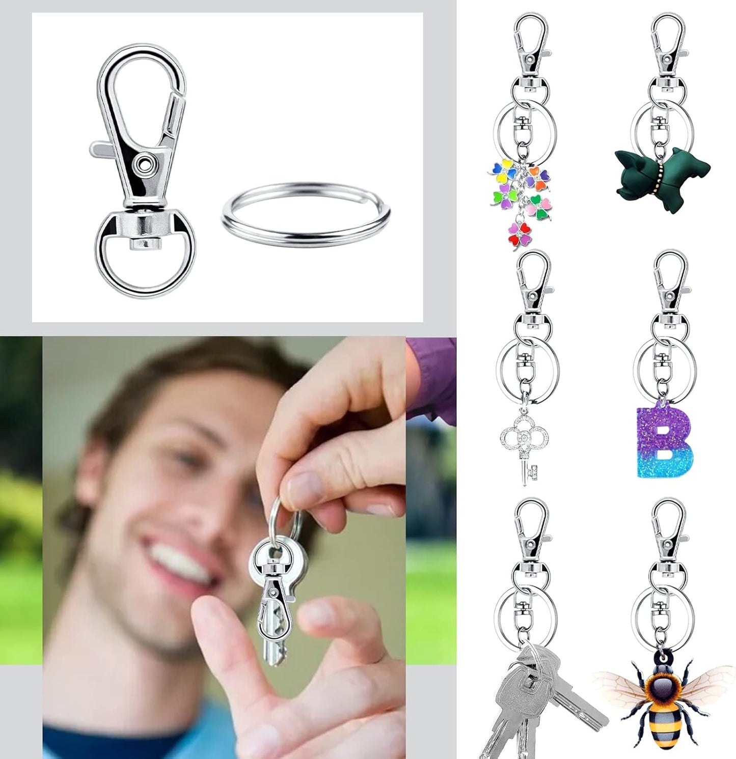 Schlüsselring Klein 400 Stück Karabiner Schlüsselanhänger Basteln Selber Machen Ringe Karabinerhaken mit Drehgelenk(Silber)