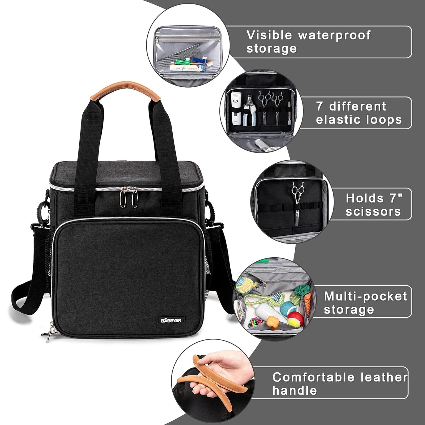 BABEYER Hundepflegetasche, Tragetasche für Fellpflege, Zubehör für Haustiere, Schwarz