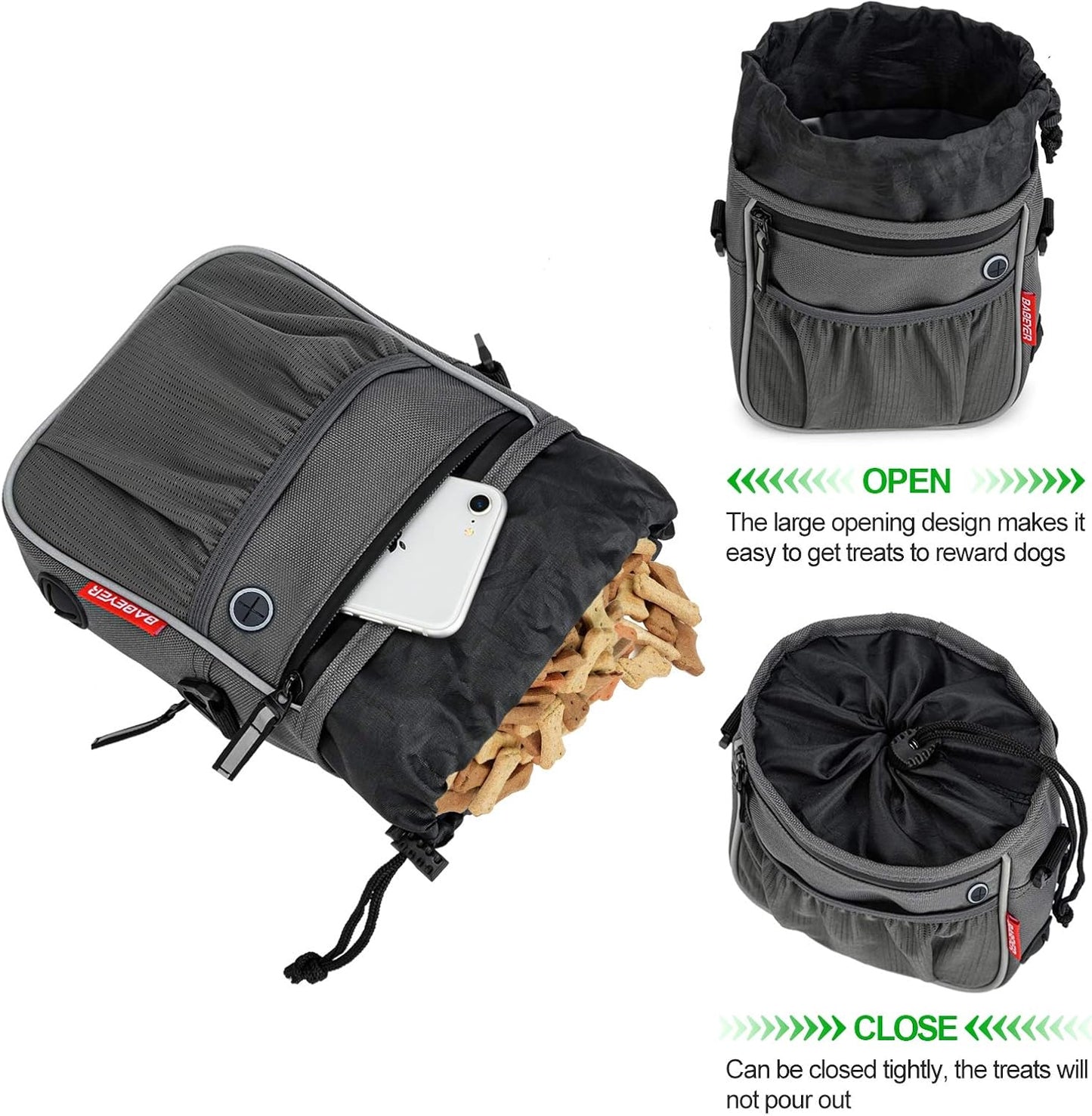 Leckerli-Tasche für Hunde, Walking-Tasche, Welpen-Trainingstasche mit faltbarem Wassernapf, integrierter Trainings-Clicker, verstellbarer Gürtel und Schultergurt, 3 Tragemöglichkeiten, Grau