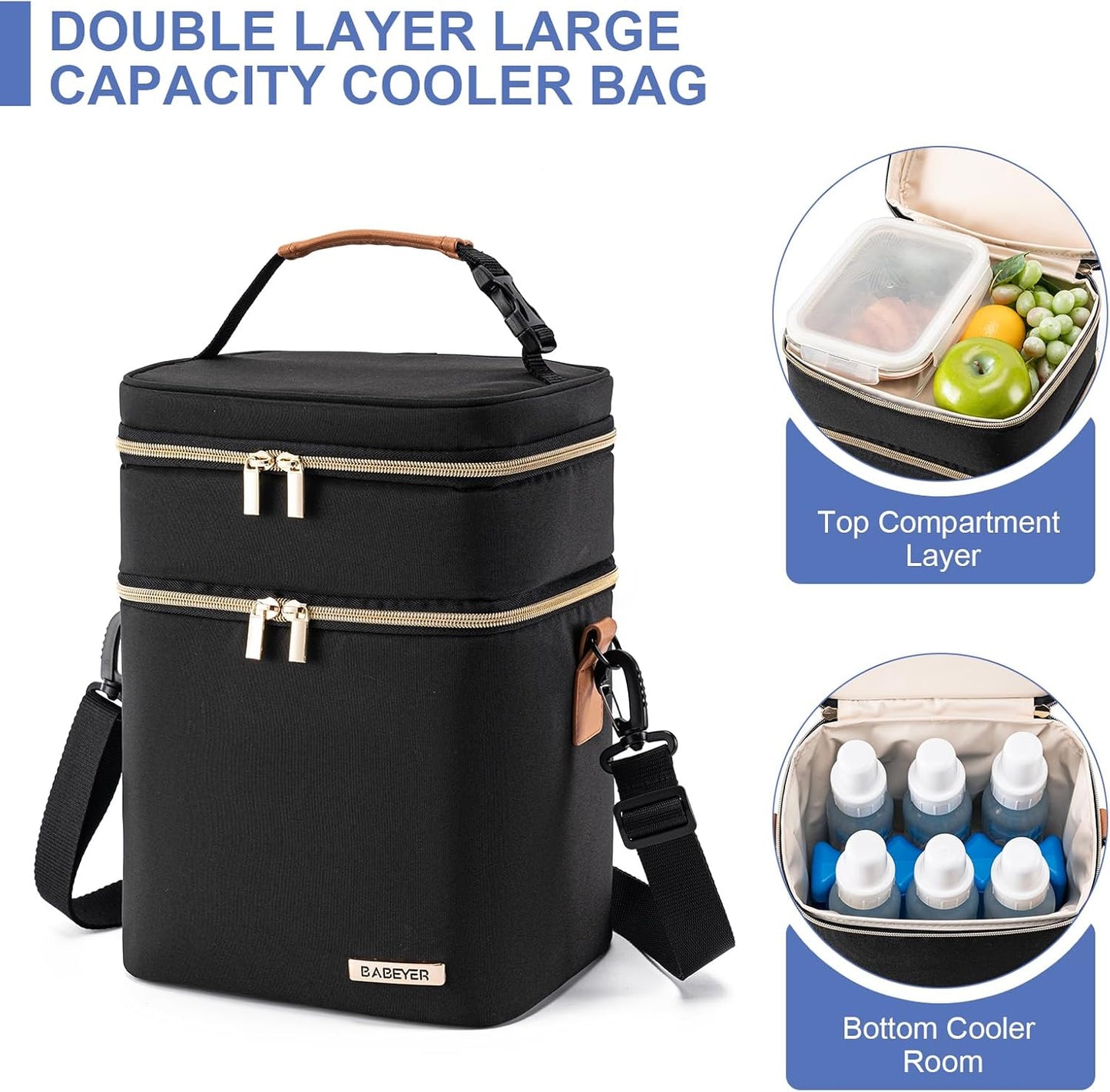 Muttermilch-Kühltasche mit Eisbeutel für 6 Babyflaschen bis zu 9 Unzen, auslaufsichere Doppelstock-Babyflaschen-Tasche mit Schulterriemen für stillende und arbeitende Mütter, schwarz