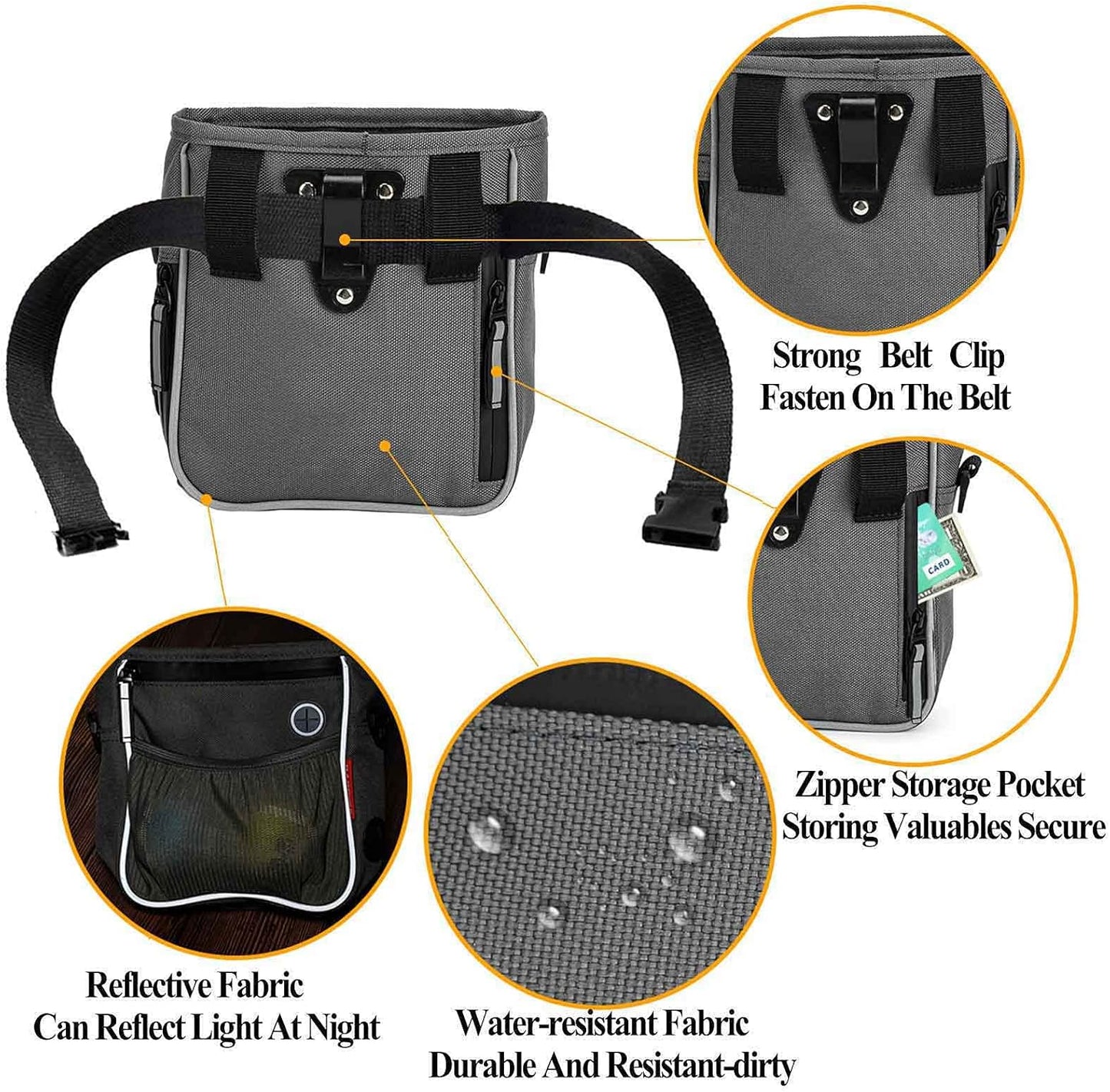 Leckerli-Tasche für Hunde, Walking-Tasche, Welpen-Trainingstasche mit faltbarem Wassernapf, integrierter Trainings-Clicker, verstellbarer Gürtel und Schultergurt, 3 Tragemöglichkeiten, Grau