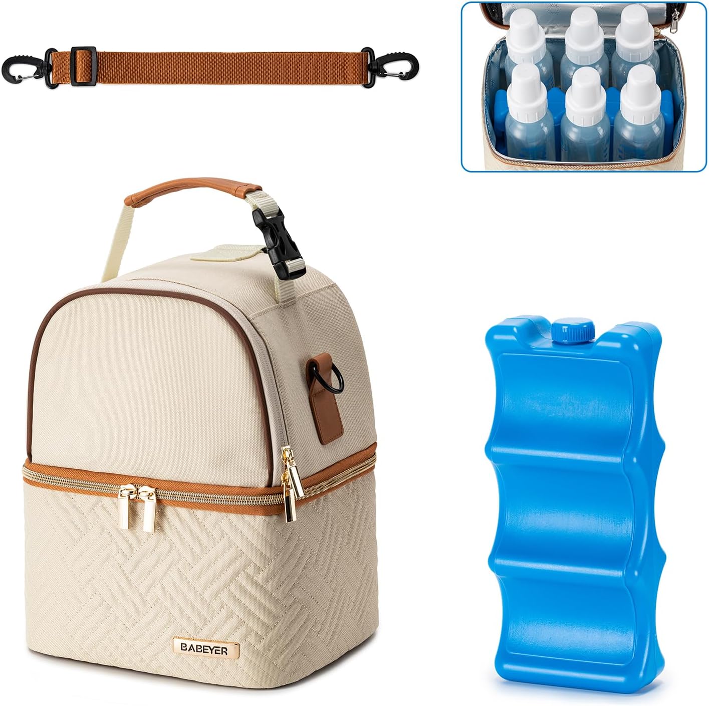 Muttermilch-Kühltasche mit Kühlakku für 6 Babyflaschen bis 270ml, Muttermilchpumpen-Kühltasche mit Schultergurt für stillende Mütter Kindertagesstätte, Arbeit, Reisecreme