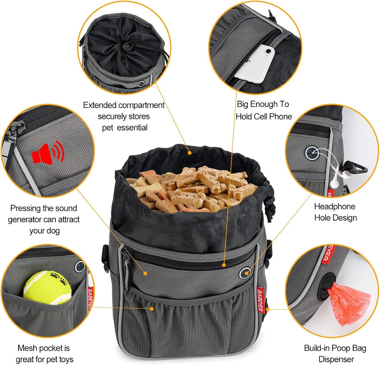 Leckerli-Tasche für Hunde, Walking-Tasche, Welpen-Trainingstasche mit faltbarem Wassernapf, integrierter Trainings-Clicker, verstellbarer Gürtel und Schultergurt, 3 Tragemöglichkeiten, Grau