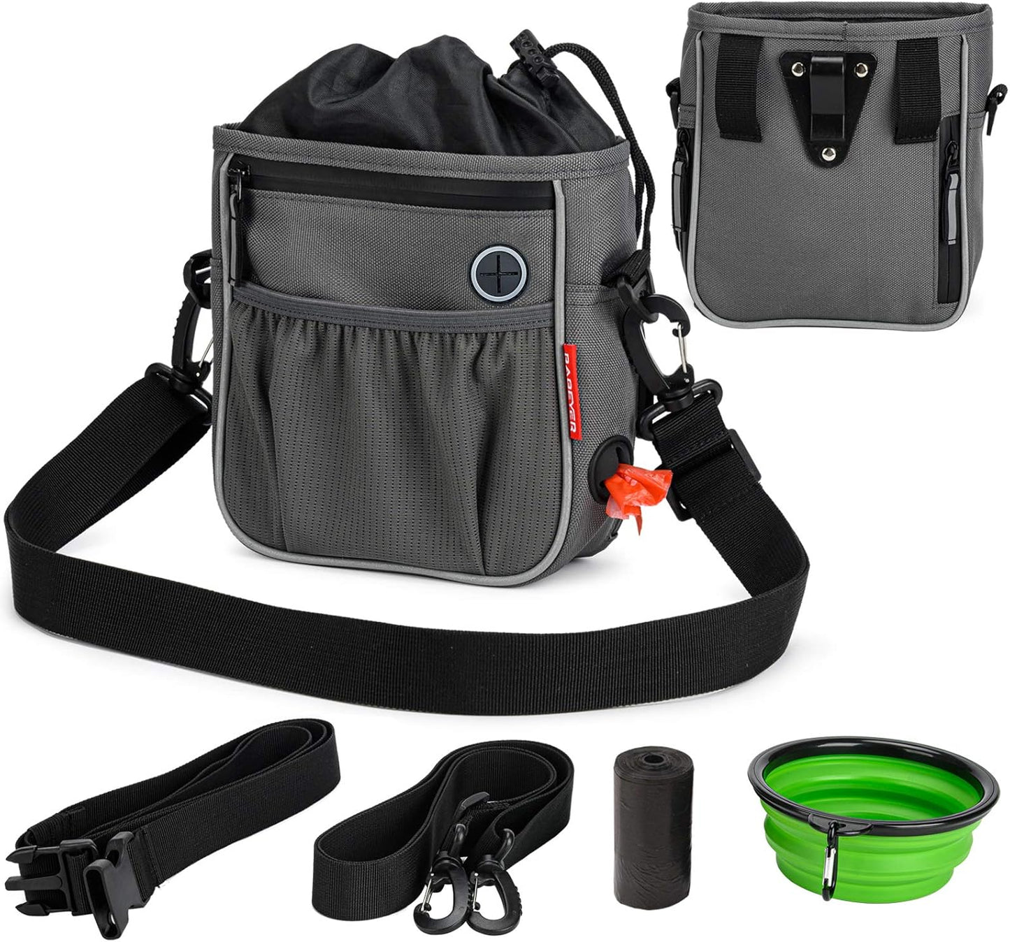 Leckerli-Tasche für Hunde, Walking-Tasche, Welpen-Trainingstasche mit faltbarem Wassernapf, integrierter Trainings-Clicker, verstellbarer Gürtel und Schultergurt, 3 Tragemöglichkeiten, Grau
