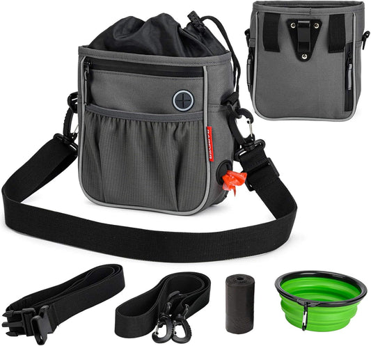 Leckerli-Tasche für Hunde, Walking-Tasche, Welpen-Trainingstasche mit faltbarem Wassernapf, integrierter Trainings-Clicker, verstellbarer Gürtel und Schultergurt, 3 Tragemöglichkeiten, Grau